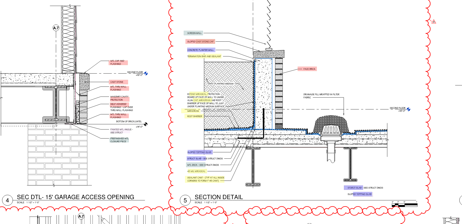Construction detail sheet with color-coded scope markups