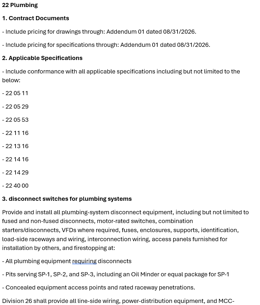Plumbing contract-inclusions document listing contract documents, applicable specifications, and disconnect-switch scope